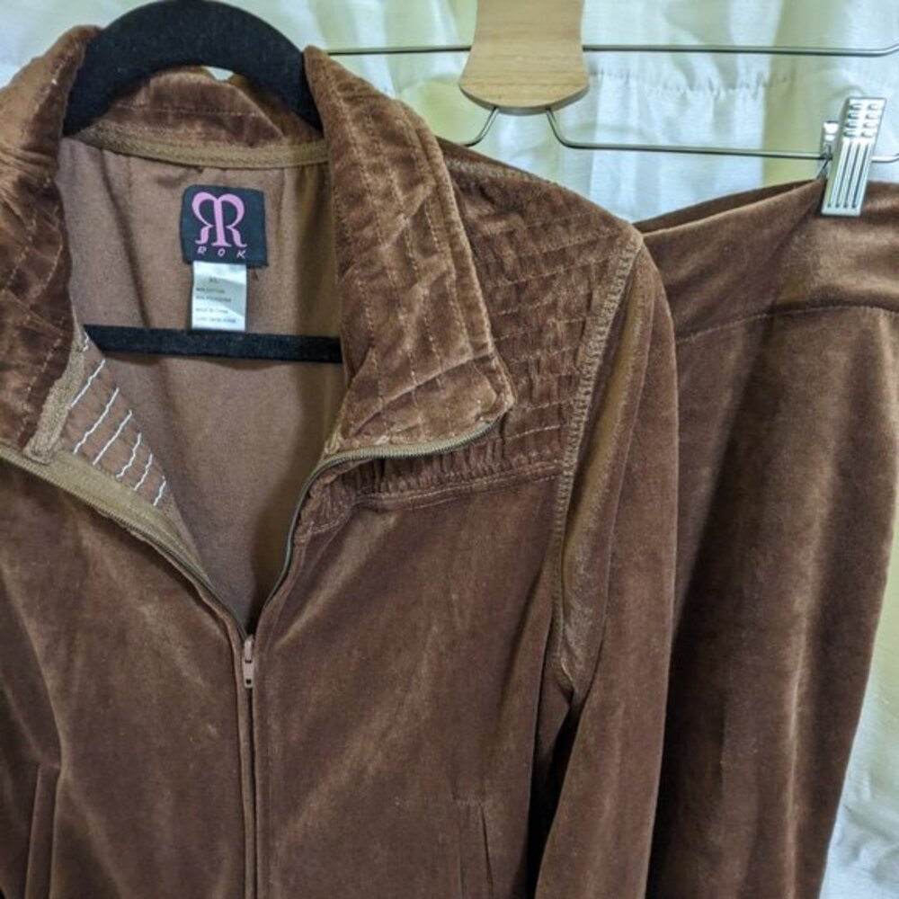 ROK Brown Velour Track Suit Set -‎ Jacket & Pants - Vintage Loungewear - Sz XL - Picture 5 of 5